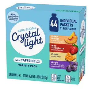 Crystal Light Energizing Drink Mix with Caffeine Variety Pack, 44 Packets for On-the-Go Hydration, Peach Mango, Wild Strawberry, Citrus, Grape, Naturally and Artificially Flavored, Zero Sugar, 4.18 oz