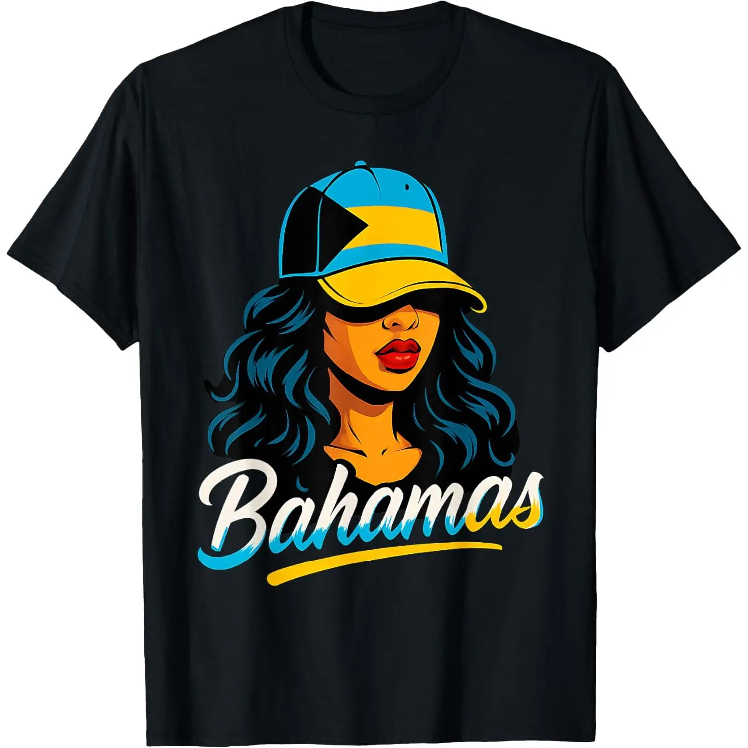 Women's Shortsleeve Bahamian Girl Graphic T-Shirt - 100% Cotton Washed Casual Top, Playful Bahamas Flag Design, Distressed Look, Wide Size Range for Holiday Parties