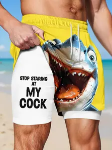 Funny Alligator Print Beach Shorts, Creative Design, Drawstring Waist, Slim Fit, Full Print, Graphic, Two-Piece Double-Layer Straight Leg Short Pants