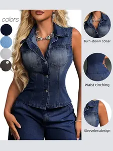 Elegant Fitted Sleeveless Denim Jacket for Women, Casual All-Season Wear, Unique Fashion Design, Plain Pattern, with Collar
