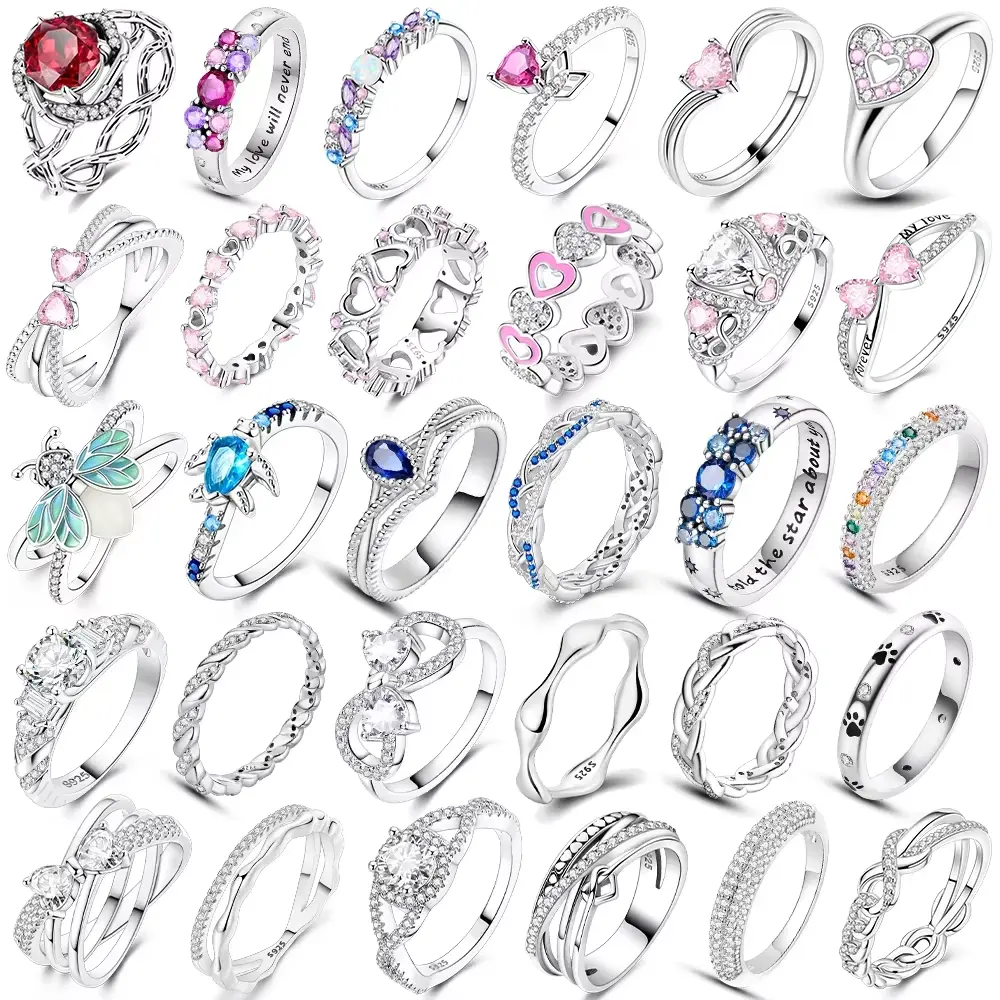Original 925 Sterling Silver Red Zircon Blue Crystal Heart Bow Rings Women Jewelry Girlfriend Wedding Engagement Ring Set Gift