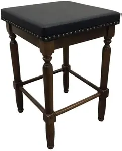 Biltmore Saddle Barstool - Set of 2 - Rustic Black Upholstery - 16" Square Foot Bar - Weathered Finish & Turned Legs - Cozy Farmhouse Aesthetic