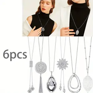 6 Pcs Silver Fashion Pendant Necklace Flower Tassel Disk Circle Leaf Sweater Chain for Women Fashion Accessories