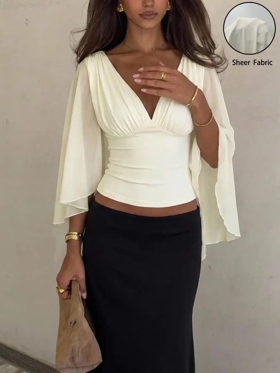 PULSE x Siren Gaze Summer Women Deep V-Neck Pleated Casual Daily Wear Ruffle Peplum Blouse Western Vintage Elegant Casual Formal Going Out Wedding Graduation Beach