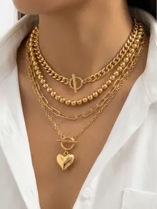 4pcs Set Heart Pendant Necklaces for Women Multi-Layer Stackable Gold Clavicle Chains Geometric OT-Clasp Design Romantic Jewelry Set for Dating Daily Wear Adjustable Layering Gift Layered Necklaces Jewelry Gifts