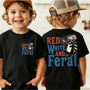 Red White and Feral T-Shirt, Patriotic Raccoon Toddler Tee, 4th of July Front Back Print Shirt for Boys, Cute Independence Day Top
