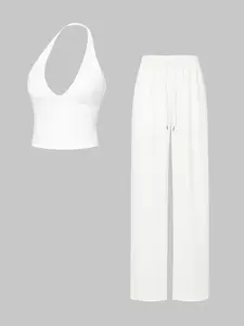 Women's 2-Piece Halter Short Top & Wide Leg Pants Set, Pure Minimalist Style, Asymmetrical, Summer Daily Wear, Beach Vacation, Home, Yoga Casual Clothes