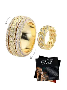 Father's Day Gift, 11mm Diamond-Encrusted Rotating Cuban Ring, 3a Cubic Zirconia, Stainless Steel, Casual Style, All Seasons