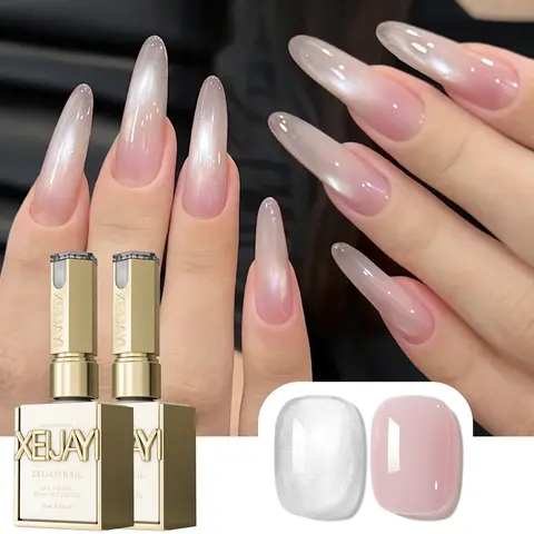 XEIJAYI 2PCS 15ML 【TPO&HEMA Free】 Water Dudu + M012 Cat Eye Gel Nail Polish Set, Bright White Cat Eye and Nude Pink Shades with Glossy Translucent Finish, Soak-Off UV LED Gel for DIY Manicure, Nail Art Design, Home and Salon Use