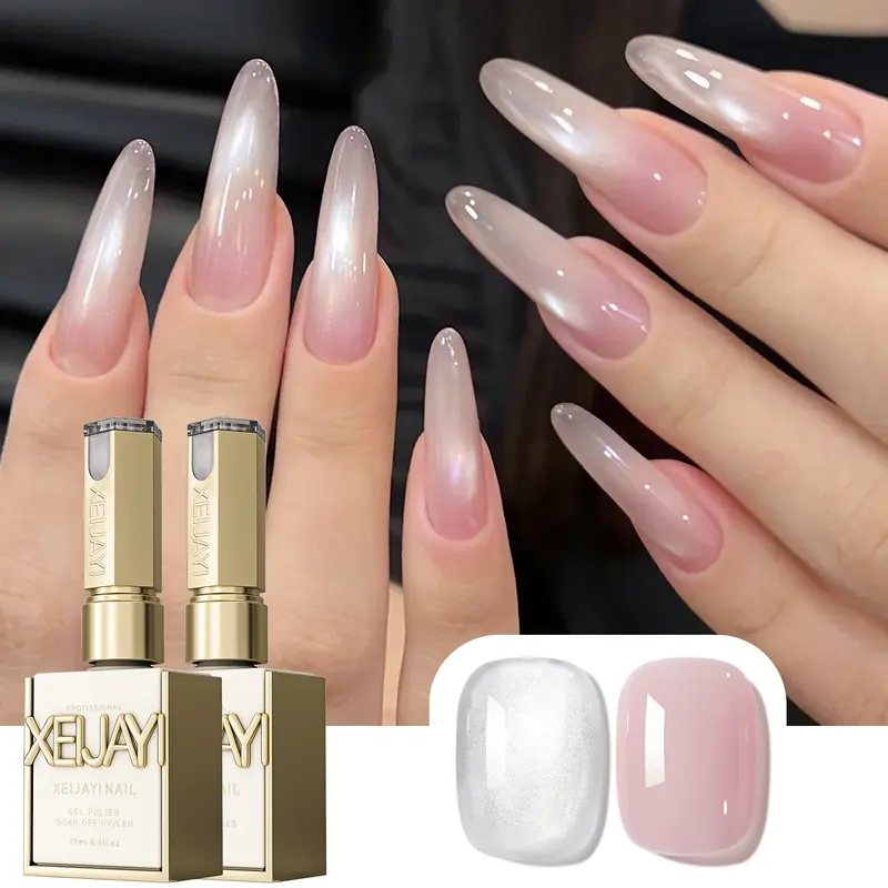 XEIJAYI 2PCS 15ML 【TPO&HEMA Free】 Water Dudu + M012 Cat Eye Gel Nail Polish Set, Bright White Cat Eye and Nude Pink Shades with Glossy Translucent Finish, Soak-Off UV LED Gel for DIY Manicure, Nail Art Design, Home and Salon Use