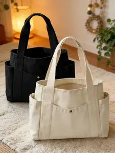 Large Capacity Canvas Tote Bag, Multi Pockets Shoulder Bag, Casual Travel Handbag, Reusable Shopping Bag, Easy to Carry with Comfort Handle, For Daily Use and Gifts Portable Handbag for School Work Travel Shopping
