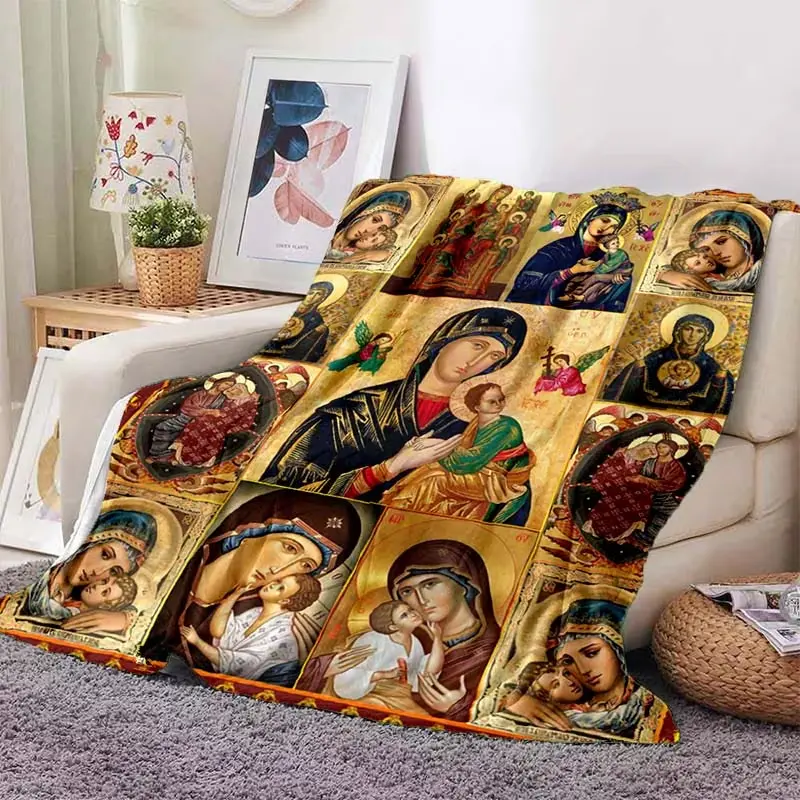 Virgin Mary Soft Flannel Blanket | Blessed Religious Fleece Throw for Sofa & Bed | Cute Catholic Aesthetic Room Decor, Spiritual Gift for Mom & Grandma