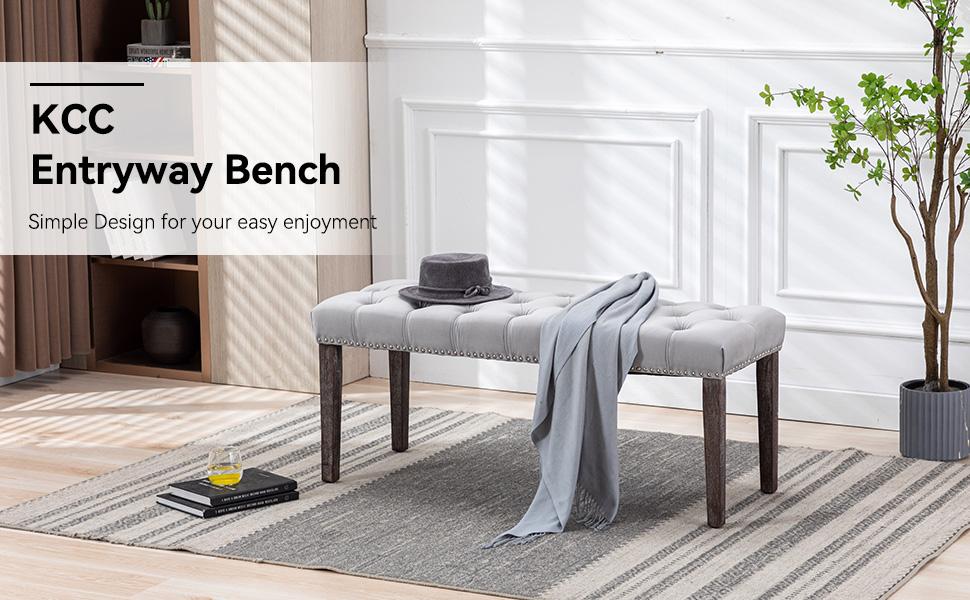 KCC Button-Tufted Ottoman Bench, Upholstered Bedroom Benches Velvet Footrest Stool Accent Bench for Entryway Dining Room Living Room Bedroom End of Bed, Gray