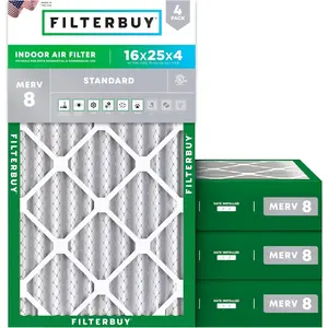 Filterbuy 16x25x4 Air Filter (4-Pack), Pleated MERV 8 Dust Defense HVAC AC Furnace Air Filters (Actual Size: 15.50 x 24.50 x 3.63 Inches)