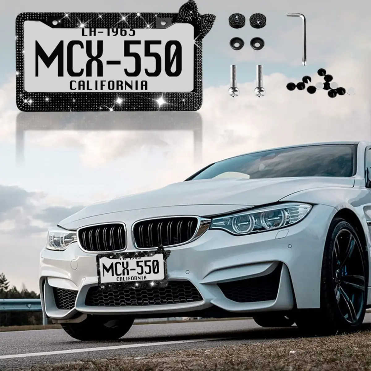 2-Pack Stainless Steel License Plate Frame Set - Shiny Diamond Setting Bow Design, Easy Assembly Required Car Exterior Accessory, Durable Cover, Automotive Vehicle Decor, Car Accessories
