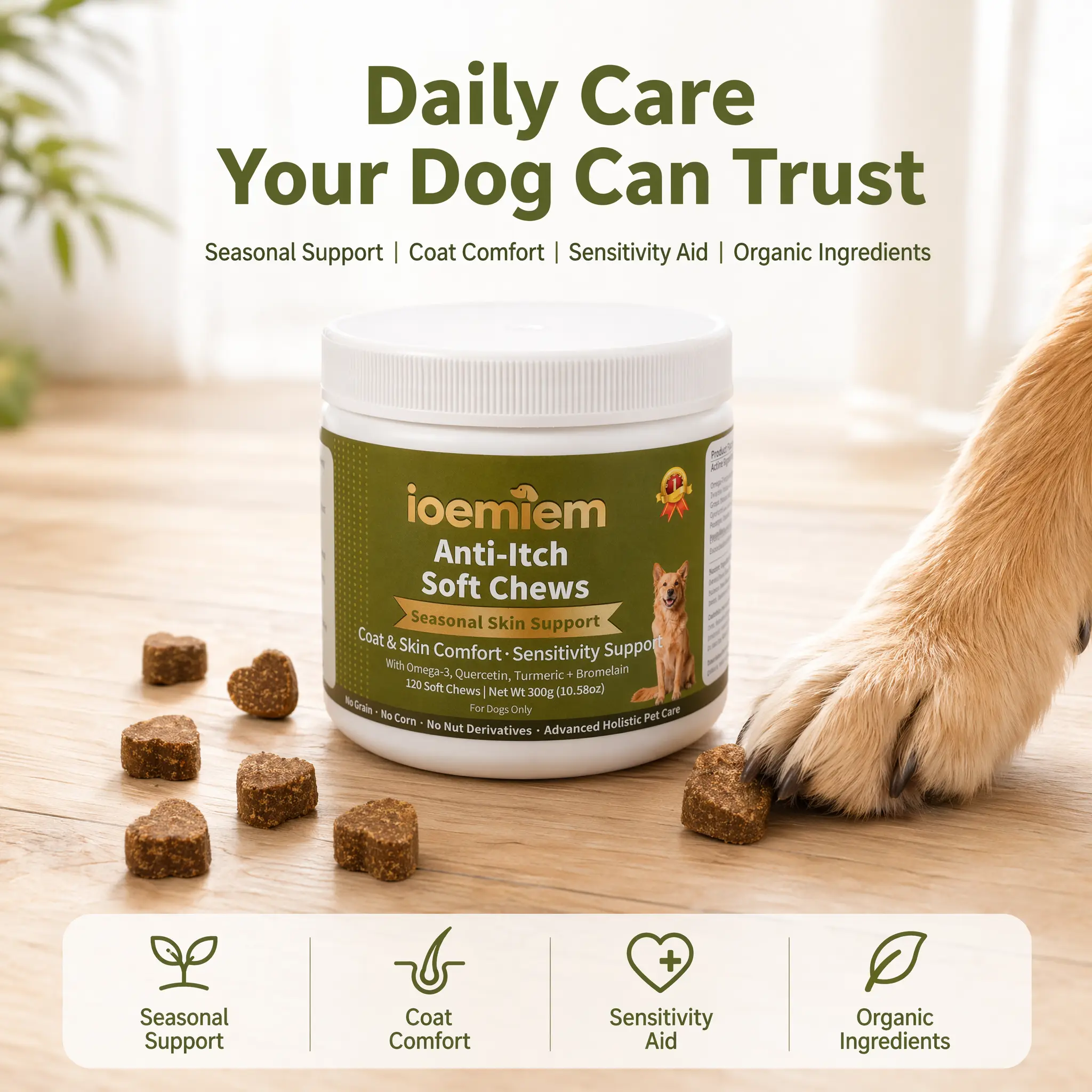Ioemiem,Dog Allergy Relief, Anti Itch Chews for Dogs, seasonal allergy，Omega 3 for Dogs, Natural Antihistamine for Dogs, Quercetin for Dogs, Dog Immune Support Chews, dog itch relief， seasonal allergy， dog,skin, dog skin， itchy skin