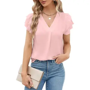 Women dredging casual shirts short sleeve V neck work blouse business summer casual tops 2025