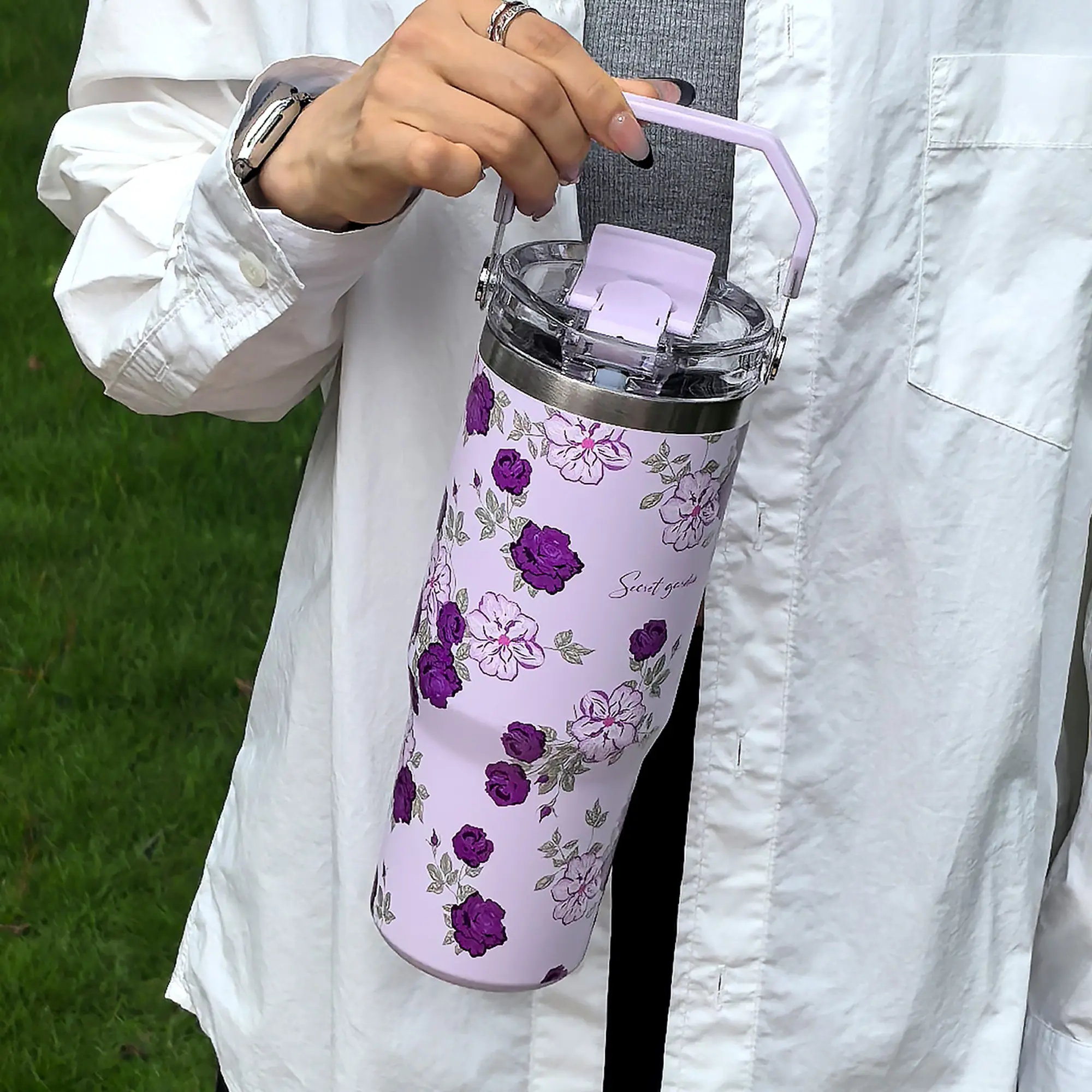 30oz Stainless Steel Insulated Cup Tumbler with Rose Design, Double Layer Thermal Mug for Coffee Tea Water, Outdoor Office Home Travel Use Vacuum Insulated Tumbler Reusable Thermos Cup