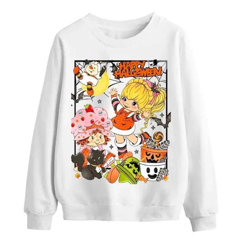 Cute Retro Strawberry Shortcake Rainbow Brite Halloween Sweatshirt Vintage Ghost Cat Pumpkin Candy Bucket Crewneck Pullover Cozy Fall Graphic Long Sleeve Top