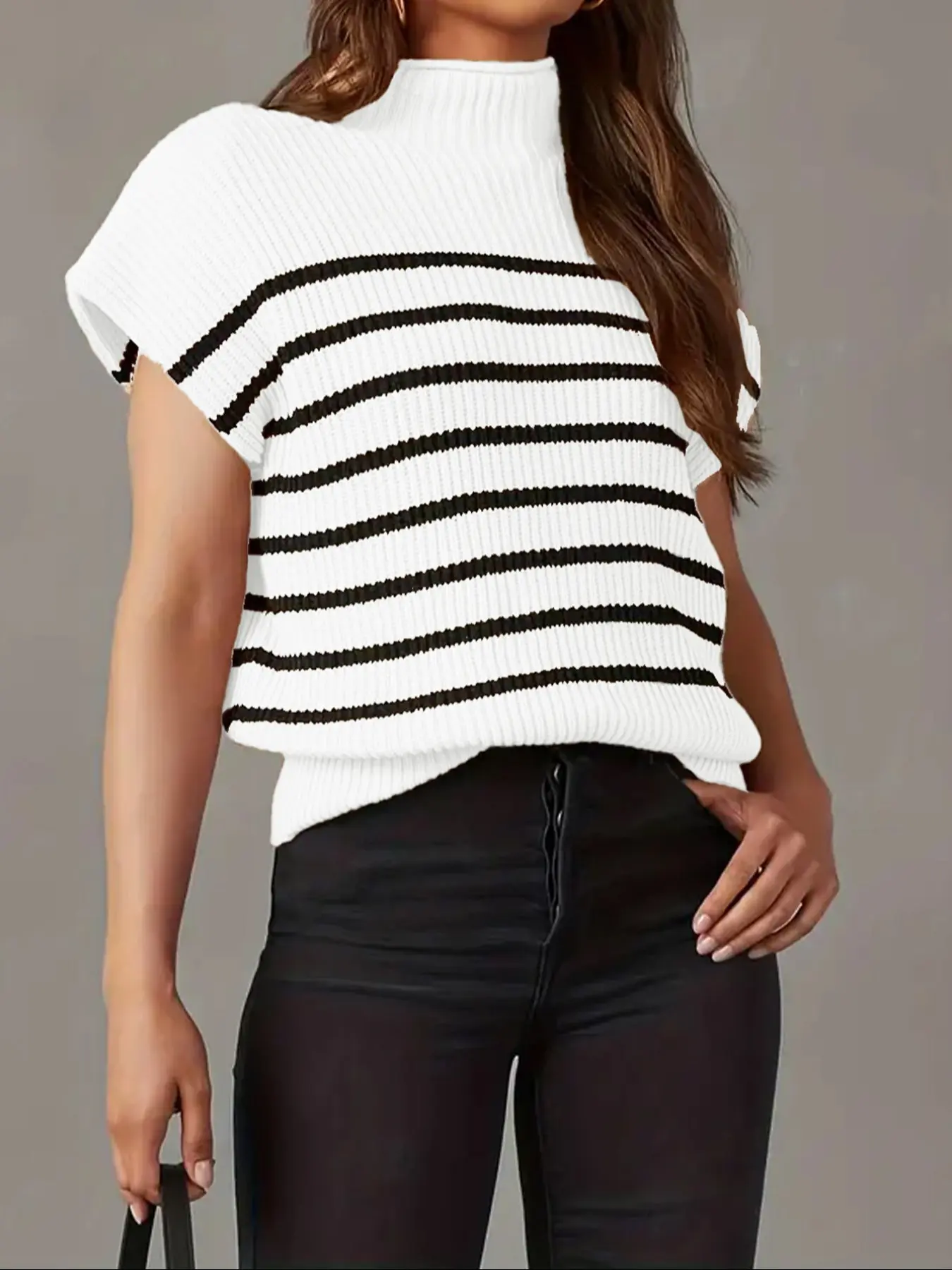 Women's Striped Half High Neck Soft Knit Top, Ribbed Cuffed Pullover Sweater, Casual Loose Fit Summer Shirt, Basic T-Shirt, Aesthetic, Womenswear