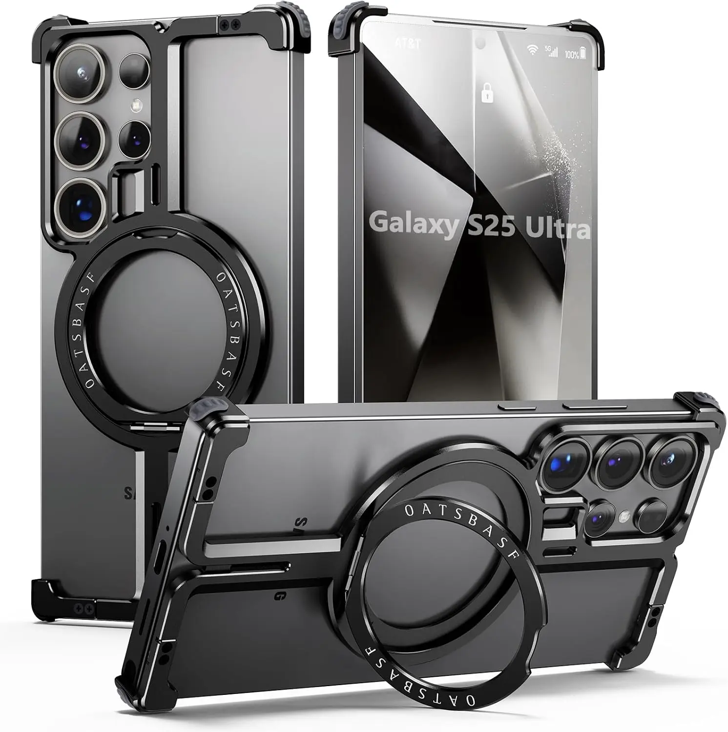 For Samsung Galaxy S26 Ultra 25 24 23Ultra Aluminum Alloy Phone Case, 360° Rotatable Magnetic Ring Kickstand Design, Four Corner Airbag Drop Shockproof Heavy Duty Rugged Case With Raised Lens Screen Bezel Protection