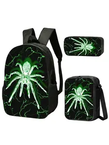 3pcs Glowing Green Spider with Lightning on Black Bags;, Edgy Sci-fi Style for Young Adults' Daily or Outdoor Use.