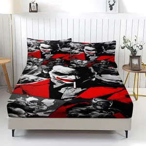 Movie Classic Joker and Batman Poster Print Bedskirt Set, Includes 1 Fitted Sheet and 2 Pillowcases, Anti-Slip Dustproof Cover for Adult Bedroom Decor