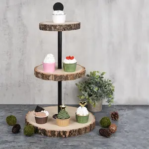 19" Tall | 3 Tier Rustic Cupcake Stand, Wood Slice Cupcake Holder, Natural Wooden Cake Stand Dessert Display With Metal Pole