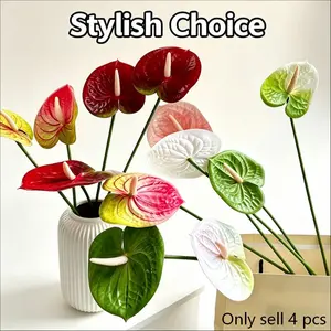 4pcs Artificial Red Anthurium Flowers, Realistic Touch, Perfect for Table Center Decorations, Artificial Gemstone Bouquets, Bridal Wedding And Holiday Decorations, Thanksgiving/Halloween Gifts