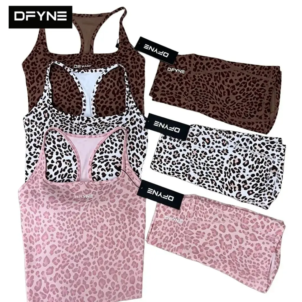 DFYNE Women's Leopard Print Padded Sports Bra & High Waist Biker Shorts Set, 2-Piece Workout Activewear Outfit for Gym, Yoga, Running, Pilates, Fitness, Booty Lifting Athletic Athleisure Tracksuit Outfit