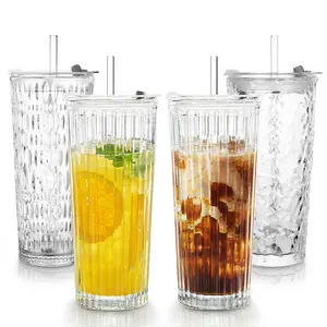 Puraville 4 Pack 18oz Glass Cups with Lids and Straws, Vintage Pattern Thickened Glassware for Whiskey Cocktail Beer, Mason Jar Drinking Glasses Tumbler Iced Coffee Cup, Multi Pattern