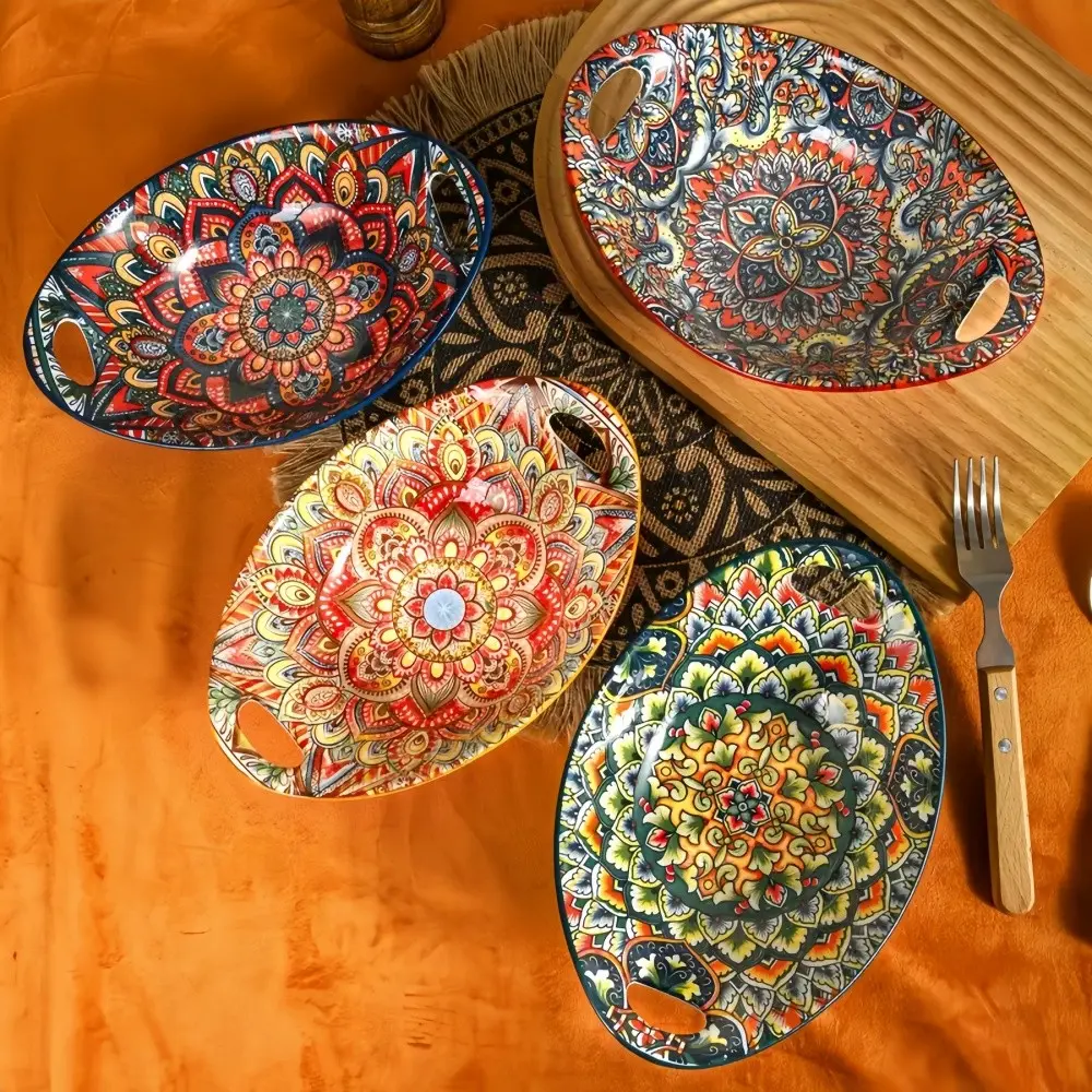 Bohemian Ceramic Cereal Bowls Set, 4-Piece Gold Coin Design, 18.6 Oz Oval Salad Serving Kitchen Decorative Bowls, Durable & Elegant Tableware, Ceramic Food Bowls