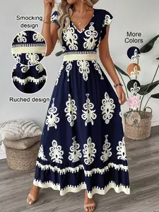 Women's V Neck Ruffle Hem A-Line Dress, Elegant All over Print, Elastic Waist, Moderate Fabric, Casual Vacation Wear