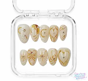 GakuNails LUNAR WHISPER 10 PCS Short Almond Handmade Press On Gold Lining Elegant Builder Gel Gold Reusable Quality False Nails with Nail Glue & Debonder