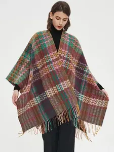 Boho Style Shawl Wrap, Ethnic Rainbow Stripe Design, Fall & Winter Warm Accessory, Perfect Gift for Women, Outdoor Travel Essential, Fringe Trim Shawl
