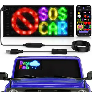 KJOY Double Row Programmable LED Car Sign, 10.6''x4.7'' Flexible 5V/2A Digital Scrolling Multi Task Loop Playback LED Display, Bluetooth APP Control Custom Text Pattern LED Sign for Car Store Hotel led lights
