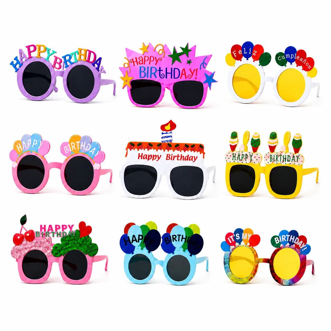 9-Pack Birthday Party Glasses Set, Funny Happy Birthday Sunglasses, Colorful Plastic Novelty Eyewear Photo Booth Props for Party Favors, Birthday Decorations & Group Selfies, Celebration Supplies for Adults Men Women