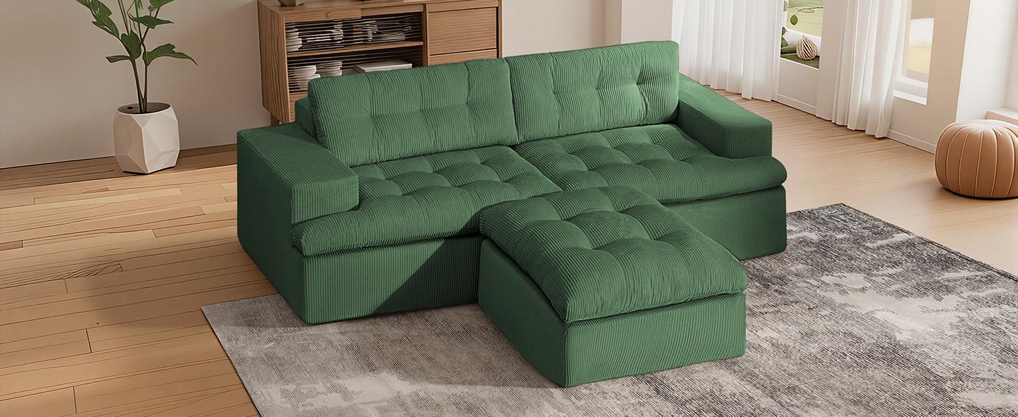 85" L-Shaped Modular Sectional Sofa with Movable Ottoman, Tool-Free Setup, Soft Corduroy, Two-Layer Cloud Cushion, Deep Seat & Supportive Foam for Living Room Apartment
