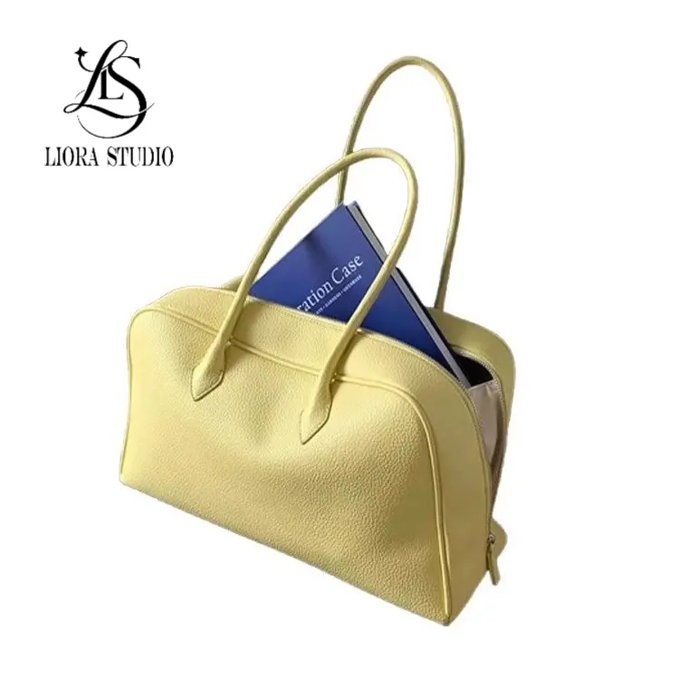 Women's Pastel Yellow Pebbled PU Leather Tote - Synthetic, Minimalist, Multi-Function, Lightweight, High-Capacity, Basic Chic Casual Commuter Fashion Bag with Internal Zipper Pocket for Business Work, Casual Commuter Bag, Fashion Bags