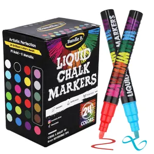 Bandle B. 24 Pack of Liquid Chalk Markers-Reversible Chisel/Bullet 6mm Tips, Erasable, Non-Toxic, Water-Based Chalk Pens for Adults and Kids.