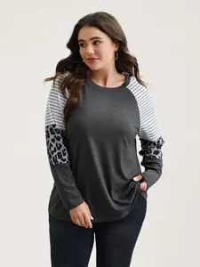 BLOOMCHIC Women's Plus Size Big-Tall Lady Long Sleeve Basic Top - Mixed Leopard Print Raglan Sleeve T-Shirt Dimgray Spandex Fabric Contrast Patch Round Neck Medium Stretch Regular Fit [M-6X] 2026 Summer Vibes Casual Chic Fitted Tops Swimweek