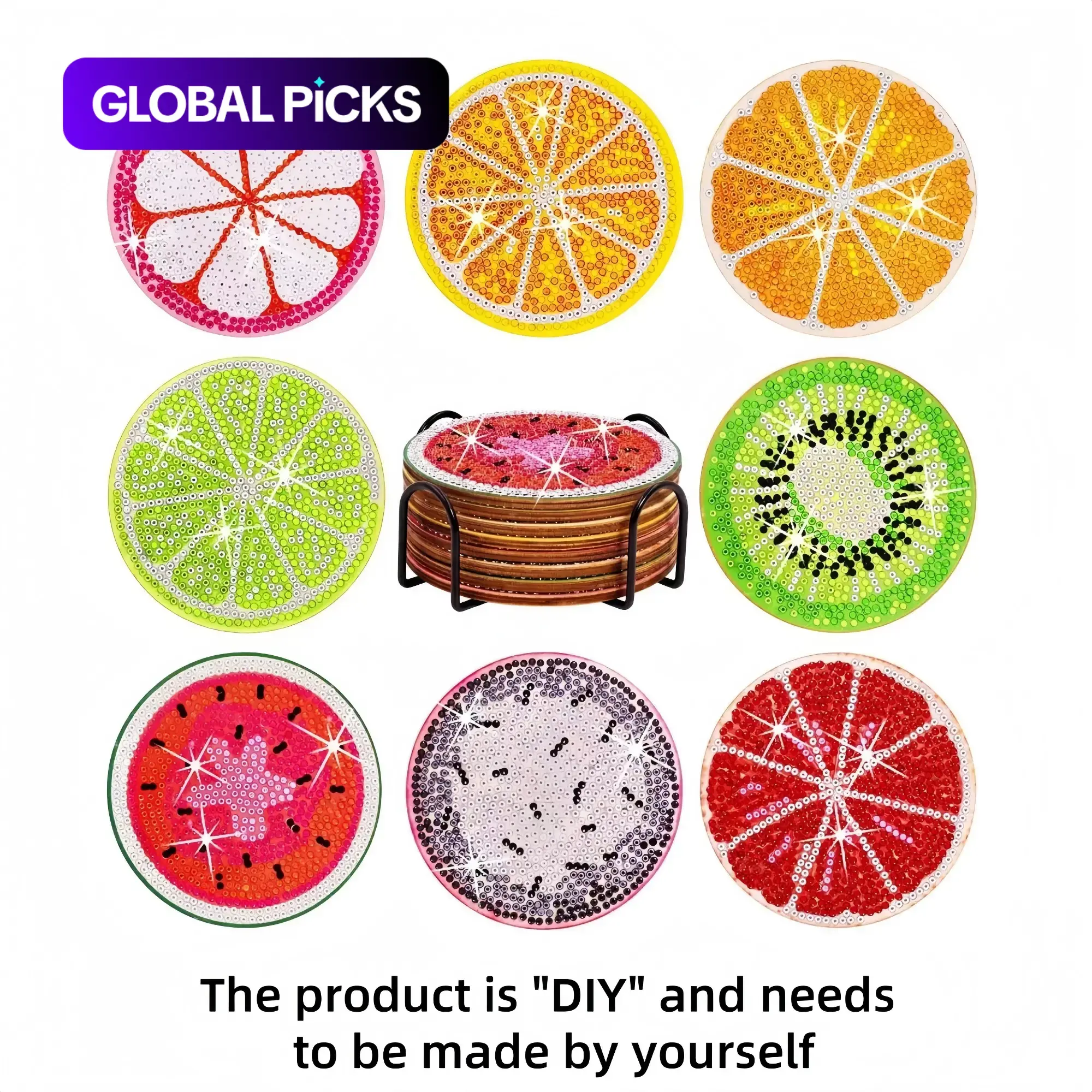 DIY Diamond Painting Coasters, 8-Piece Fruit Pattern Coaster Set with Stand, Decorative Craft for Home and Office Coffee Tables #GLOBAL PICKS