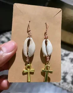 Handmade Solid Copper + Cowrie + Ankh Earrings