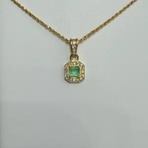 Colombian Emerald Pendant Necklace, 18K Gold Plated Silver, Emerald Cut Emerald Halo Zirconia, Rope Chain Emerald Necklace