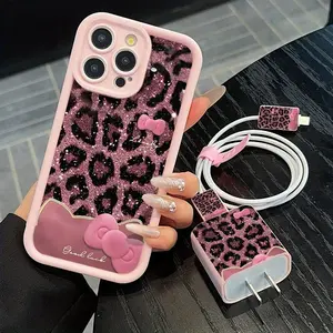 Cute Bowknot & Leopard-print Pattern Phone Case with Charger Head Cover & Cable Protector & Storage Rope, Anti-drop Protection Shockproof Cellphone Protective Case for iPhone, Casing