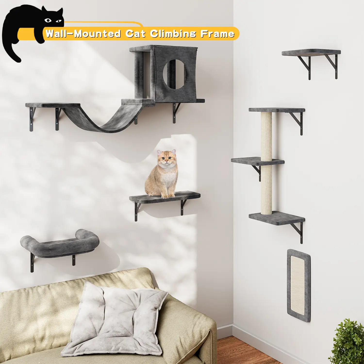 Cat Wall Shelves, 6 Pcs Luxury Wall-Mounted Cat Climber Set, Indoor Cat Furniture with 1 Cat Condos House, 2 Cat Wall Shelves, 1 Cat Scratching Post,