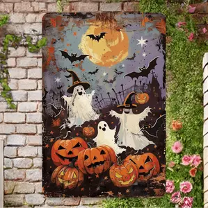 Vintage Halloween Iron Wall Sign Featuring Ghosts Pumpkins Bats and Moon Artwork Perfect for Indoor and Outdoor Seasonal Decor