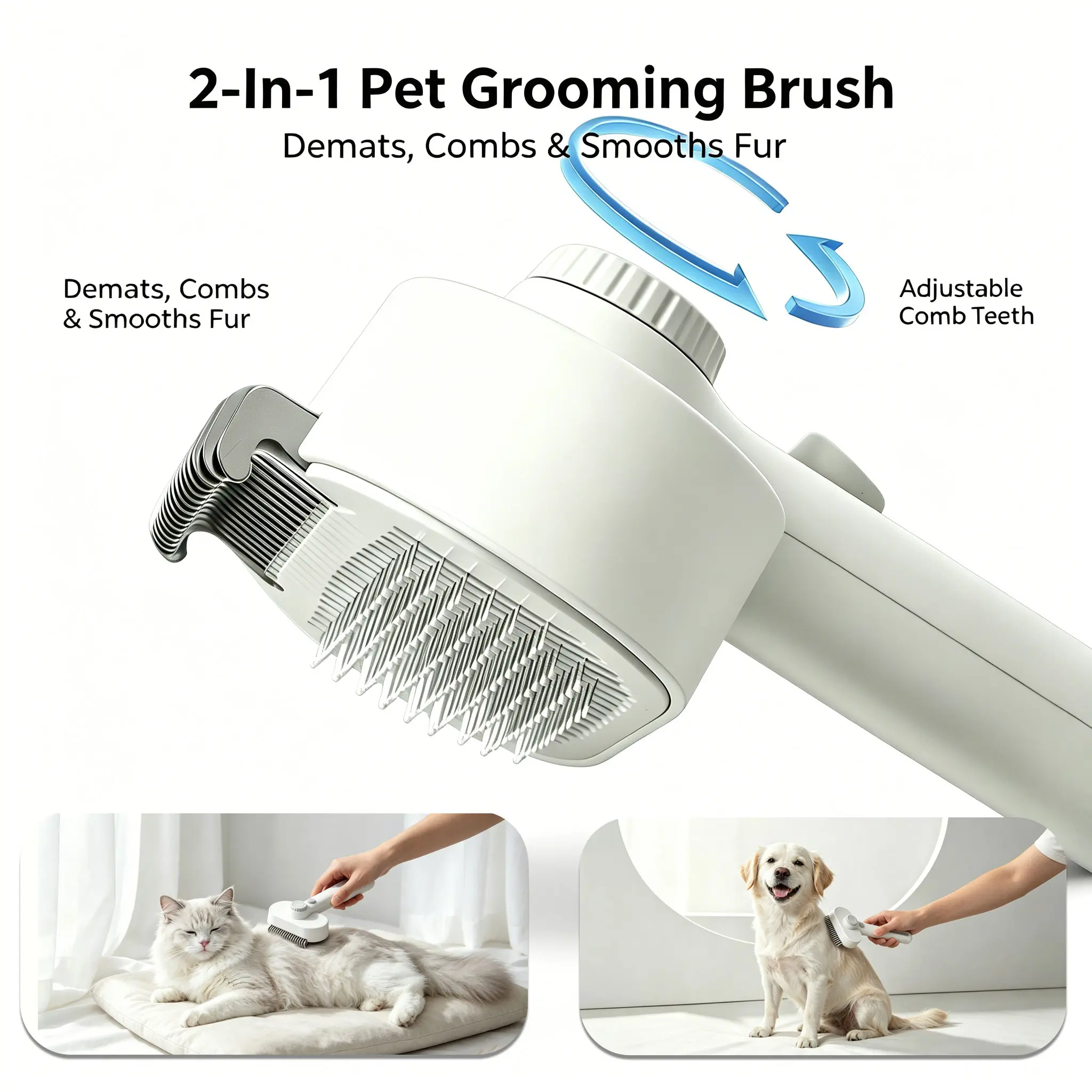 2-In-1 Pet Grooming Brush with Adjustable Comb Teeth, Dematting Comb & Smoother Fur Care Tool, Reduces Shedding and Tangles, Comfortable Grip Handle for Dogs and Cats, Easy to Clean Pet Grooming Accessory -- sleeke long haired steam free