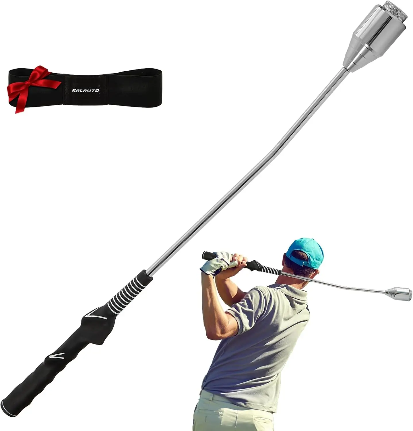 Retractable Golf Swing Trainer with Golf Grip Trainer & Arm Band| Telescopic Club Retractable Golf Swing Training Aid /Tempo Stick Golf/Warm Up/Indoor Golf Practice| Golf Grip Trainer