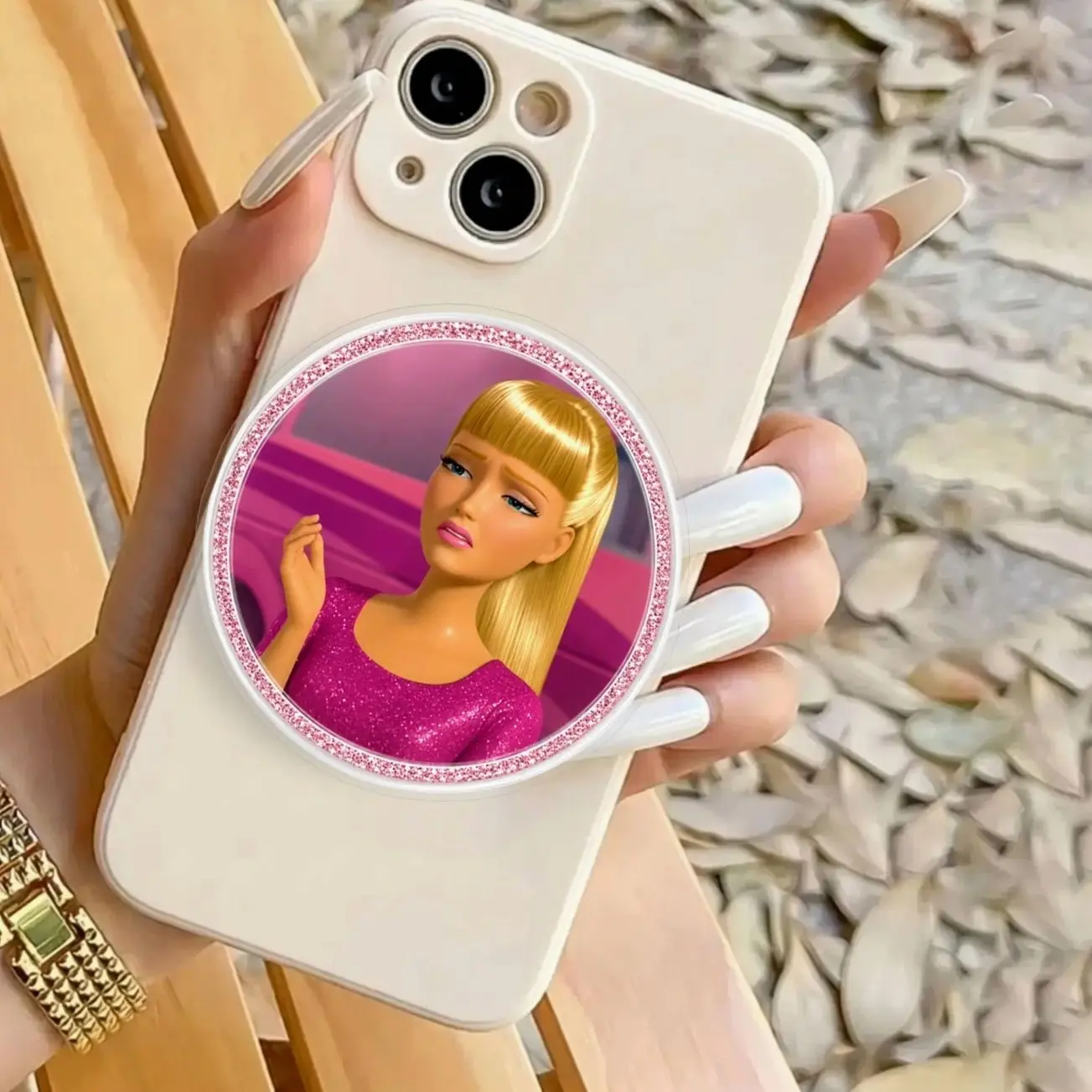 Sad Blonde Doll Phone Grip, Pink Glitter Round Phone Holder, Emotional Girl Phone Stand, Cute Phone Accessory Gift